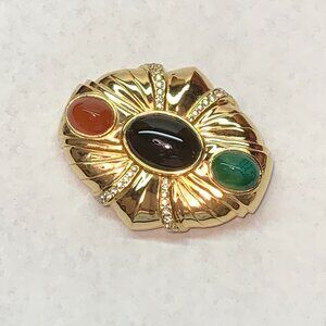 Ciner Mogul Large Vtg Gold tone Glass Cabochon Gems Brooch Pin J173